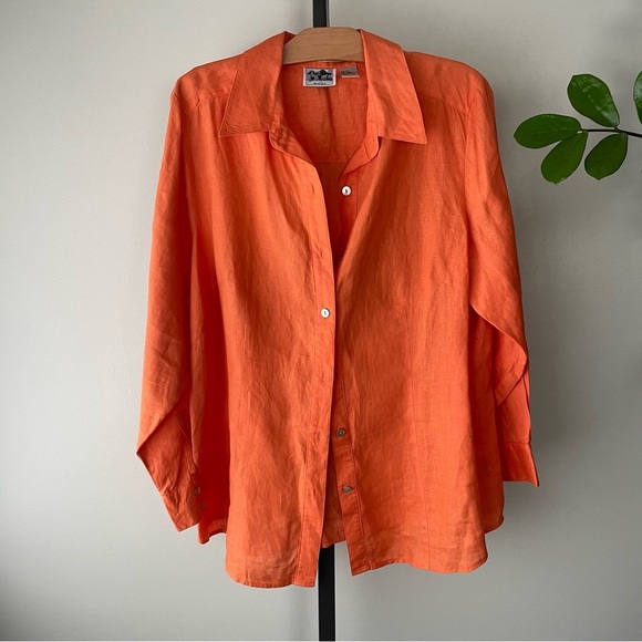 Edward Irish Linen Orange Embroidered 100% Linen Button Down Top Shirt Plus Size - Picture 1 of 10
